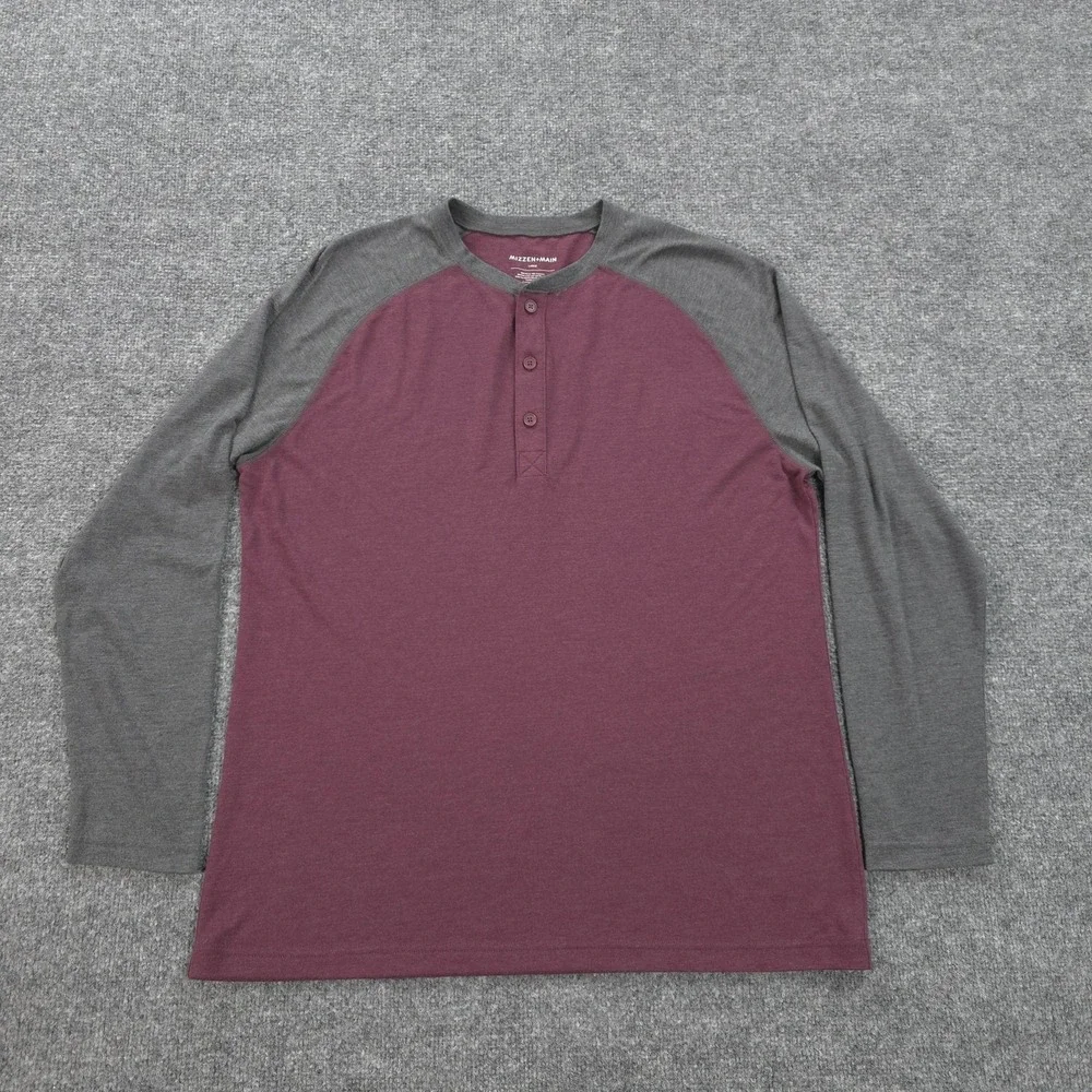 Mizzen Main‎ Shirt Mens Large Red Gray EasyKnit Henley Long Sleeve Raglan Preppy